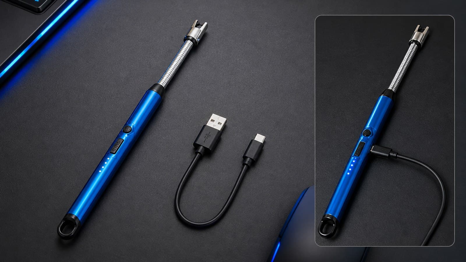 Encendedor y cable USB con una vista de la conexión de carga