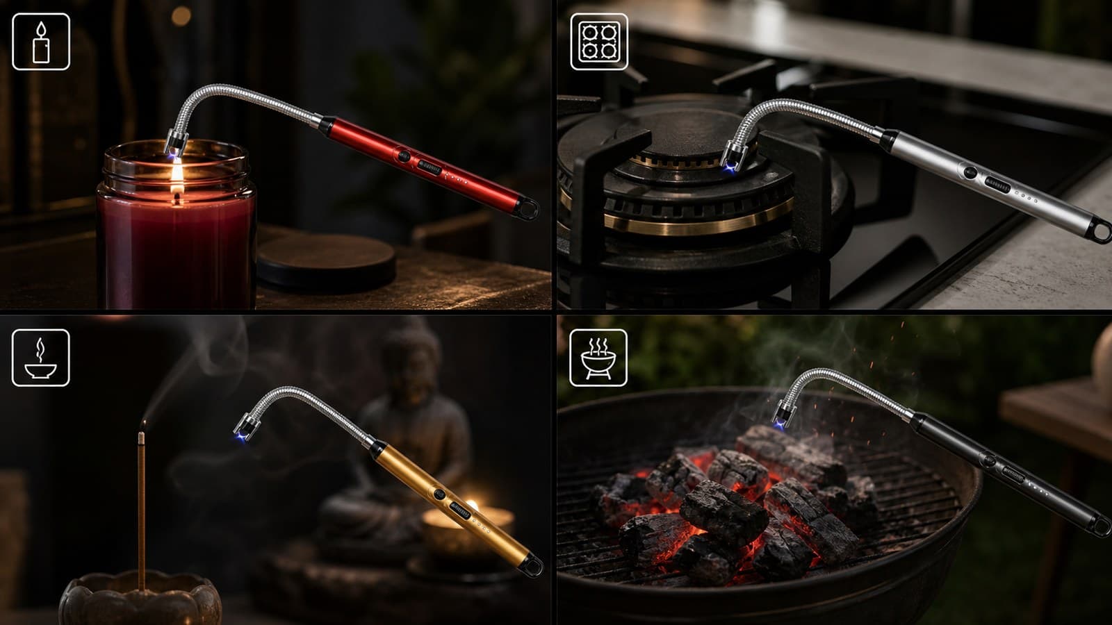 Cuatro colores del encendedor en usos de vela, cocina, incienso y parrilla